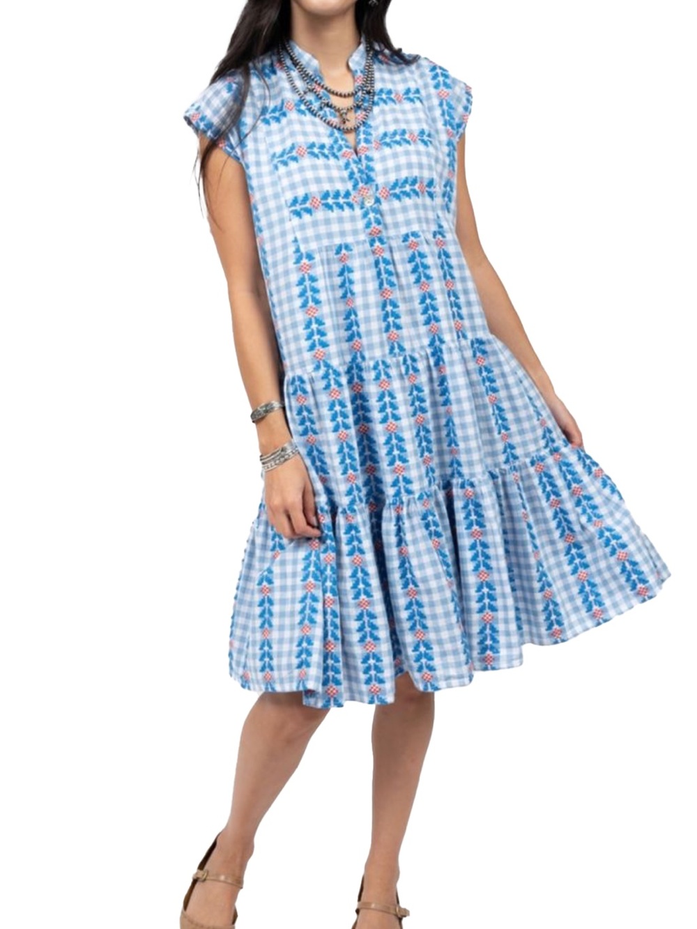 Uncle Frank sleeveless blue and white gingham tiered dress embroidery Size S